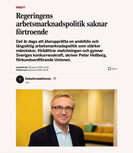 Artikel från Dagens Industri. Rubrik: "Regeringens arbetsmarknadspolitik saknar förtroende"