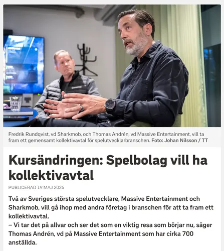 Rubriken "Kursändringen: Spelbolag vill ha kollektivavtal", bild på Fredrik Rundqvist (Sharkmob) och Thomas Andrén (Massive Entertainment) i samtal