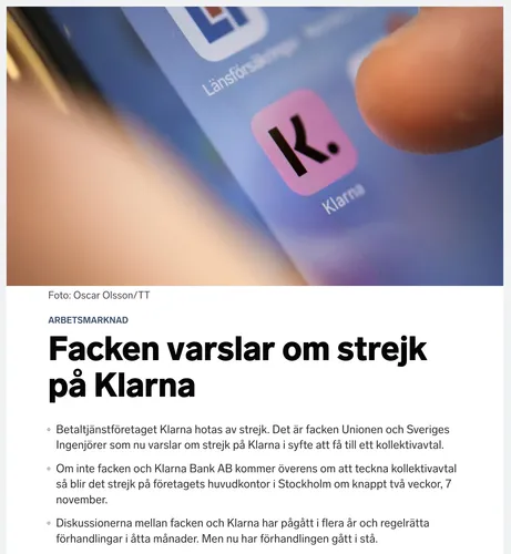 Rubriken "Facken varslar om strejk på Klarna", bild på Klarnas appikon