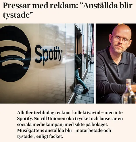 Rubriken "Pressar med reklam: Anställda blir tystade", bild på Daniel Ek, Spotifys grundare