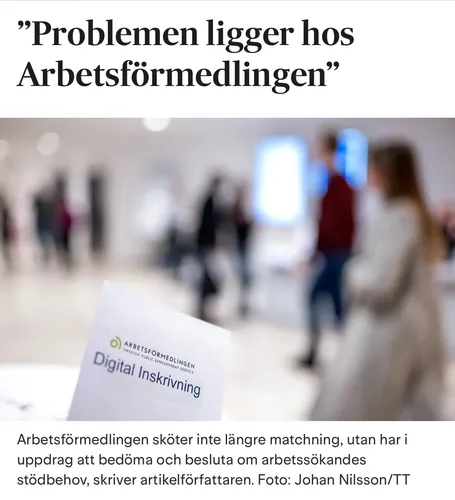Rubriken: "Problemen ligger hos Arbetsförmedlingen", bild på Digital Inskrivnings broschyr
