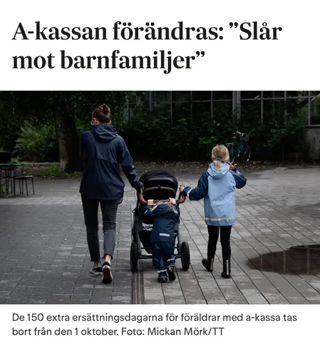 Rubriken: "A-kassan förändras: Slår mot barnfamiljer", bild på barnfamilj