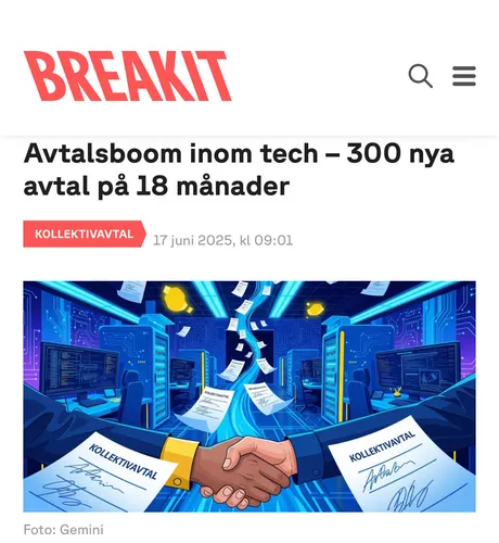Rubriken: "Avtalsboom inom tech - 300 nya avtal på 18 månader", AI-genererad bild på futuristiskt kontor med kollektivavtal som flyger runt i luften