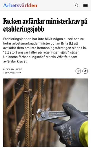 Rubriken: "Facken avfärdar ministerkrav på etableringsjobb", bild på arbetare som arbetar med armering